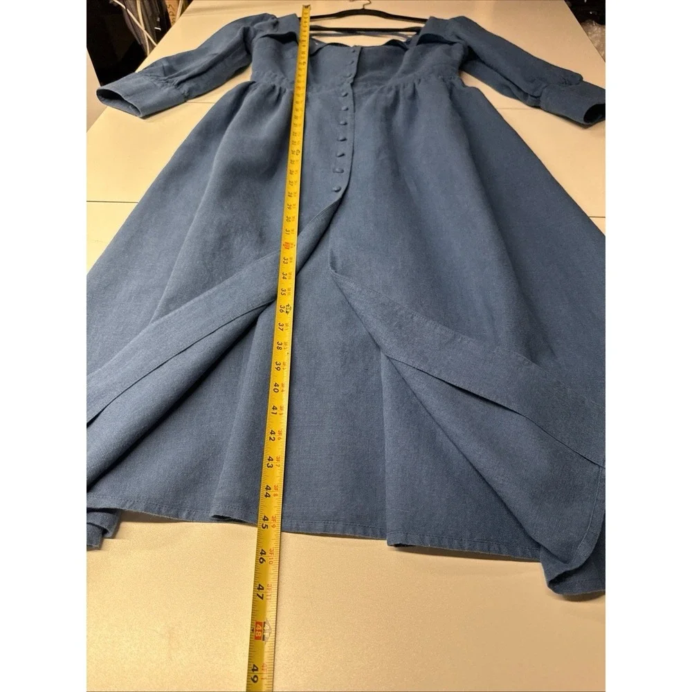Gaala Paris Esther Midi Button Down Dress Sz 42 Blue Linen Cotton Blend Pockets